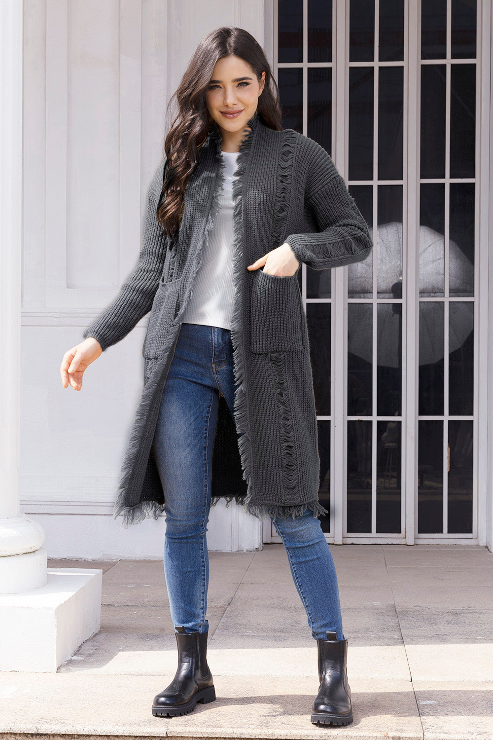 Stilla | Trim Åben Front Cardigan med Lommer