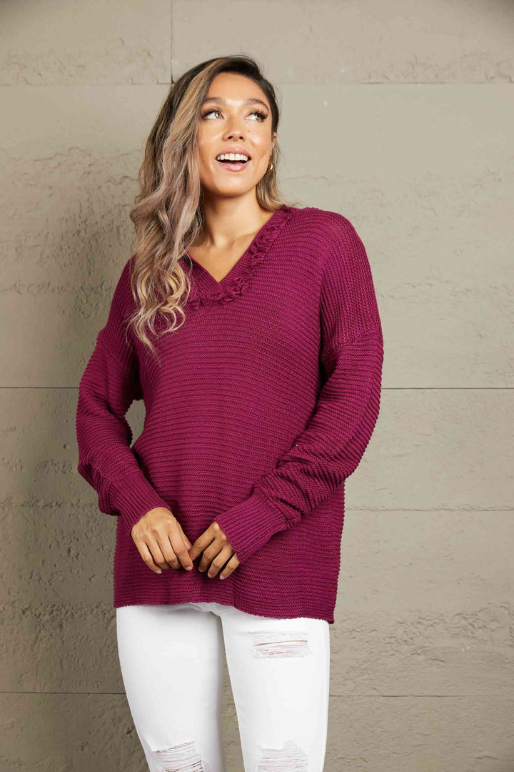 Stilla | Højre Vandret Ribbet Frynse Trim Hætte Sweater