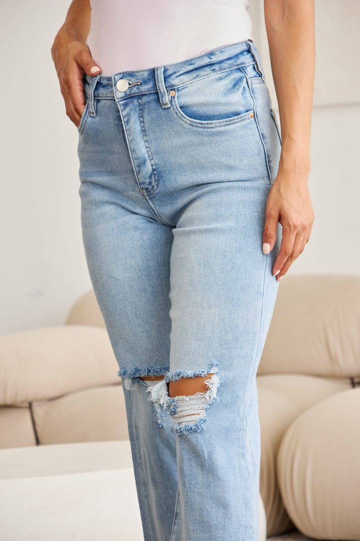 Stilla | Full Size Mavekontrol Høj Talje Raw Hem Distressed Jeans