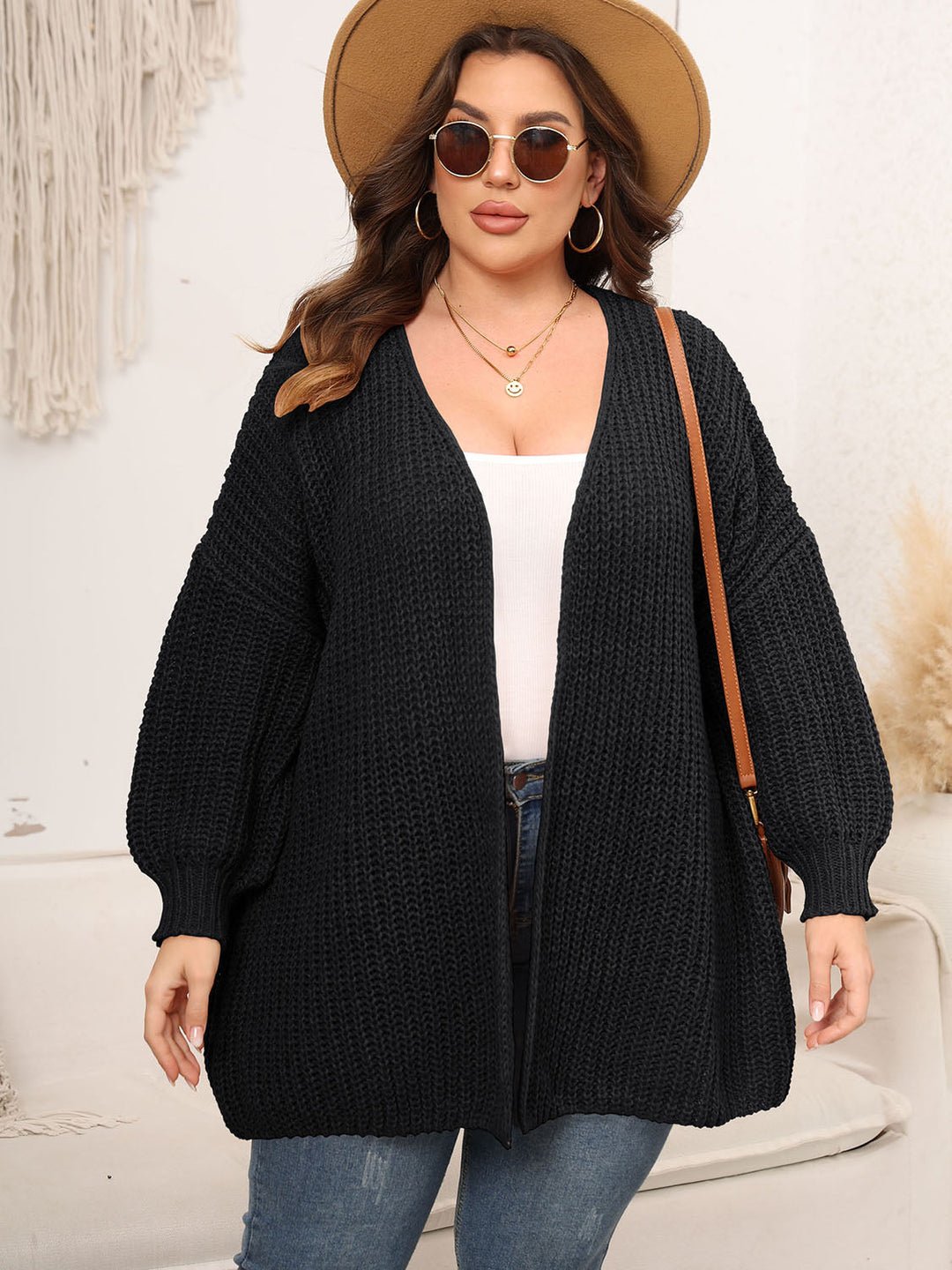 Stilla | Plus Size Åben Front Faldet Skuldre Strik Cardigan