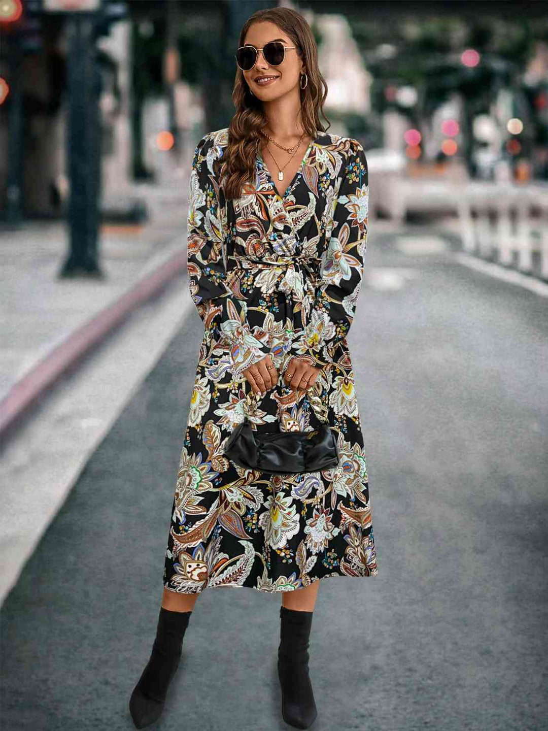 Stilla | Tie Front Surplice Flounce Sleeve Dress