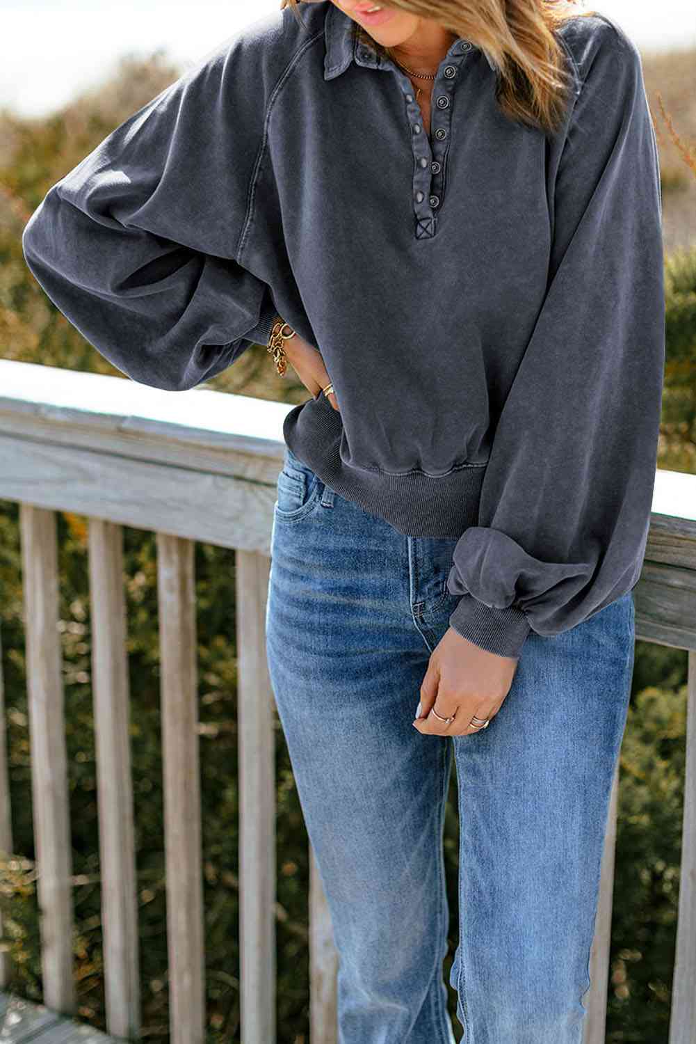 Stilla | Snap Krave Lantern Ærme Sweatshirt