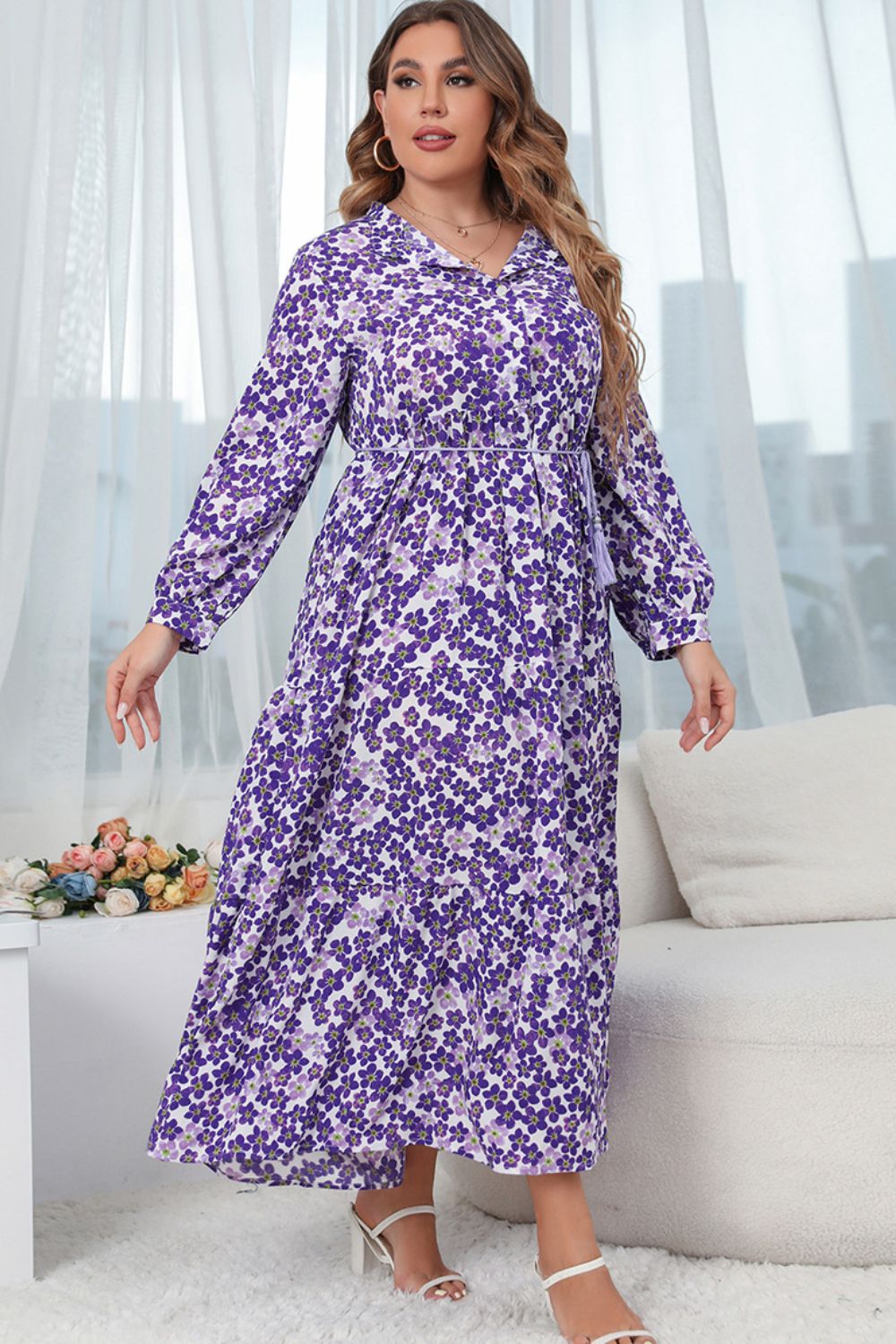 Stilla | Størrelse Printet Mock Neck Knappet Maxi Kjole