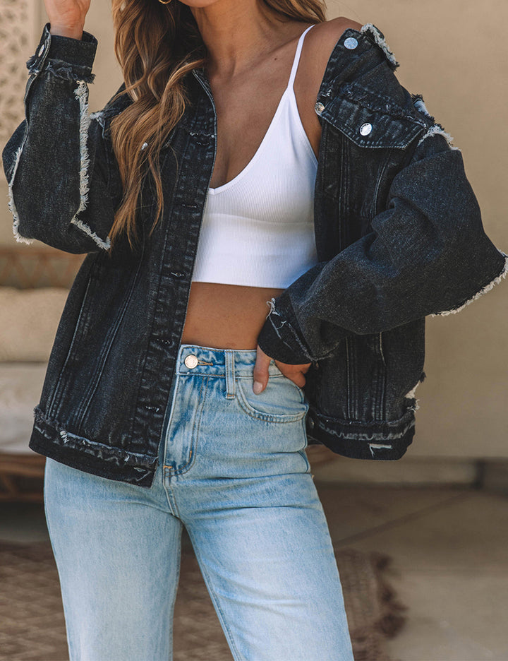 Stilla | Up Raw Hem Distressed Denim Jakke