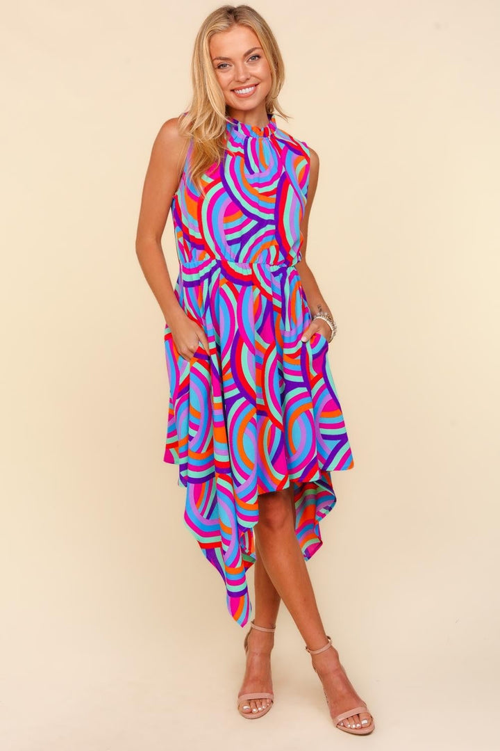 Stilla | Full Size Mock Neck Without Sleeves Printed Dress