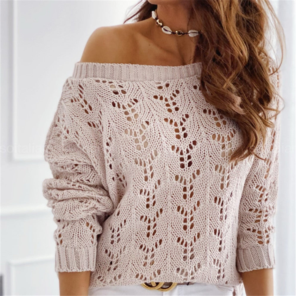 Dame Off-Shoulder Striktrøje med filigran hulmønster Stilla