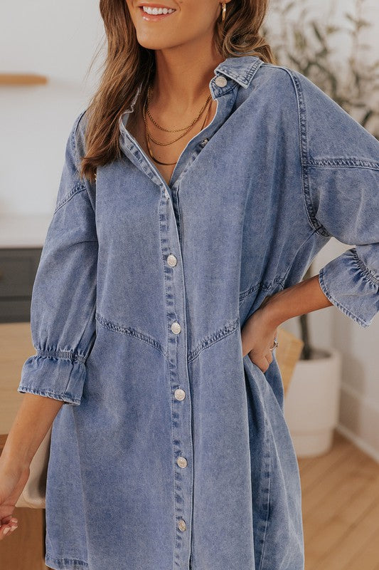 Stilla | Blå Knapperet Langærmet Denim Mini Kjole