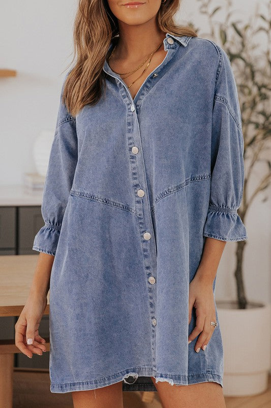 Stilla | Blå Knapperet Langærmet Denim Mini Kjole