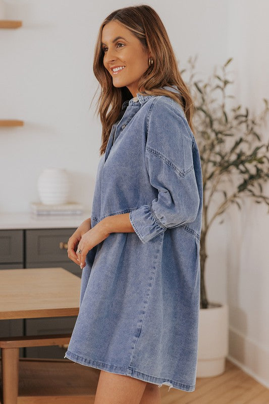 Stilla | Blå Knapperet Langærmet Denim Mini Kjole