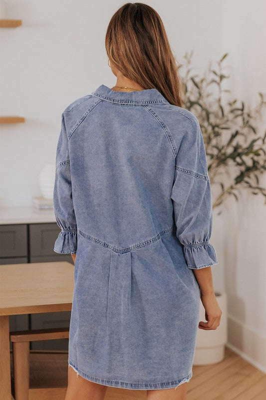 Stilla | Blå Knapperet Langærmet Denim Mini Kjole