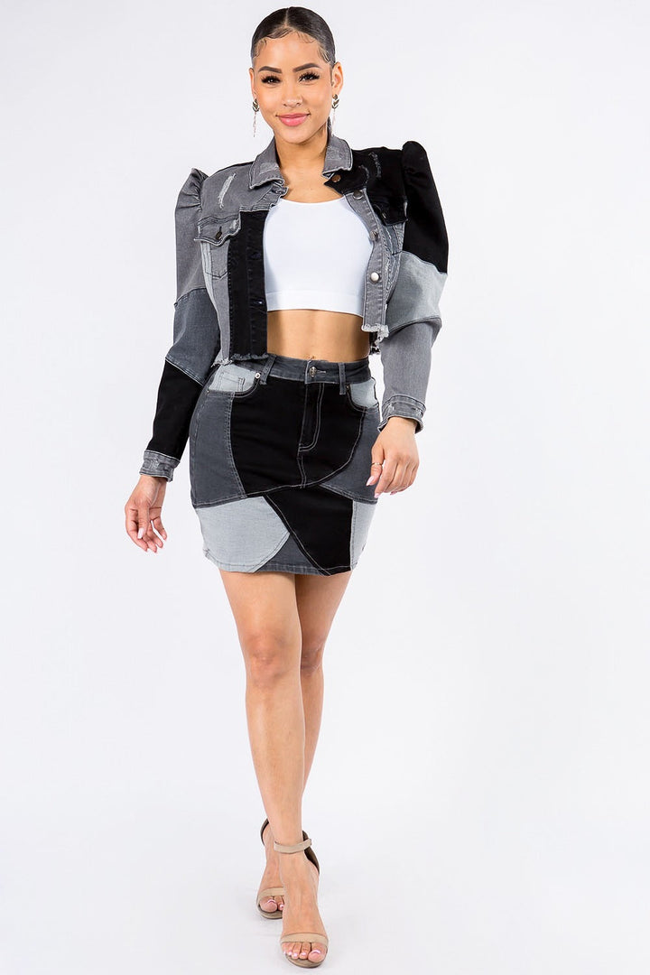Stilla | Bazi Button Up Cropped Patchwork Denim Jakke