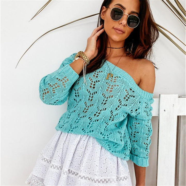 Dame Off-Shoulder Striktrøje med filigran hulmønster Stilla