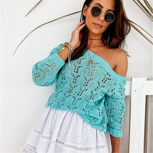 Dame Off-Shoulder Striktrøje med filigran hulmønster Stilla