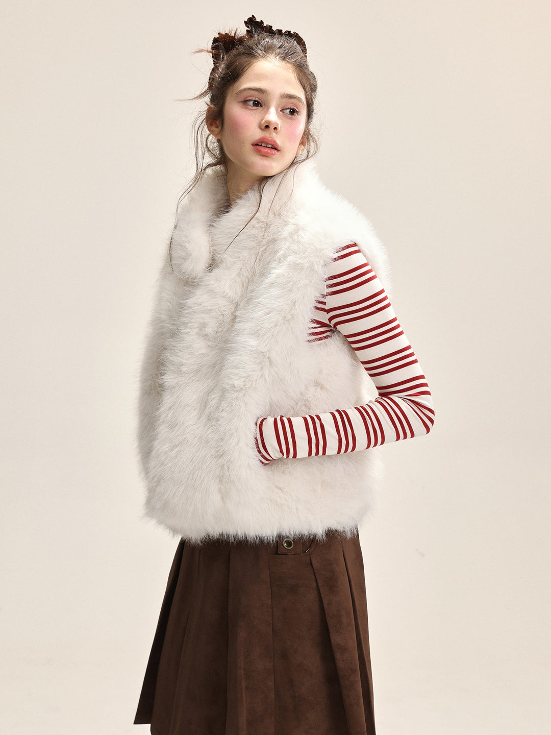 Dame Fuzzy Veste med Høj Krave Hvid
