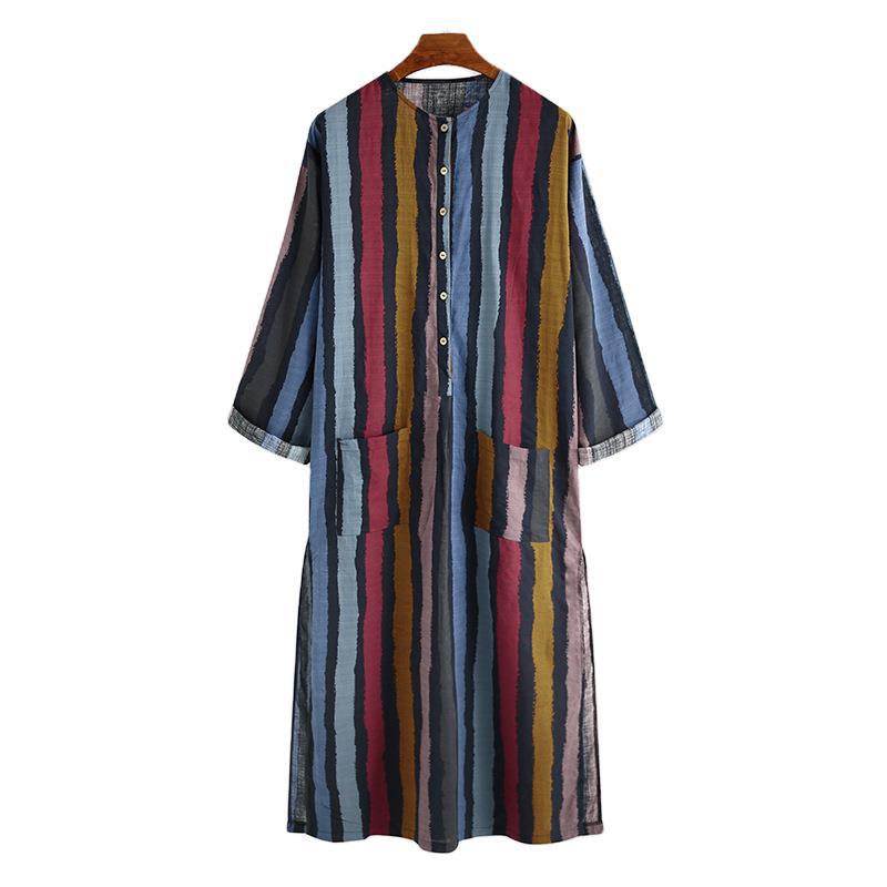 Herrer nan fod længde stribet hørmix kaftan med ståkrave og påsatte hoftelommer Skovae