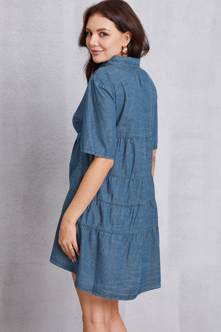 Stilla | Opkravet Hals Lagdelt Denim Kjole