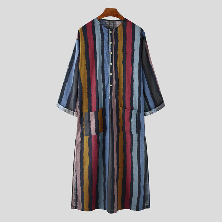 Herrer nan fod længde stribet hørmix kaftan med ståkrave og påsatte hoftelommer Skovae