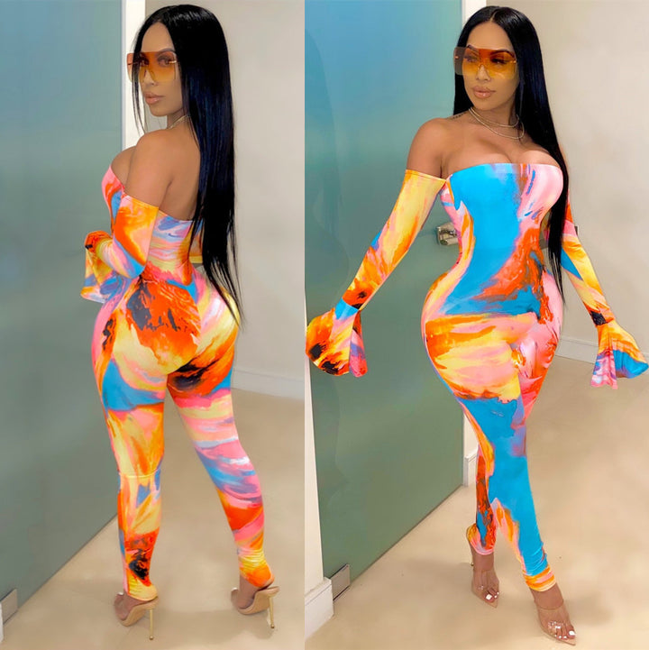 Dame Elegant gulvlangt Jumpsuit med vid armafslutning og skulderfri design Stilla