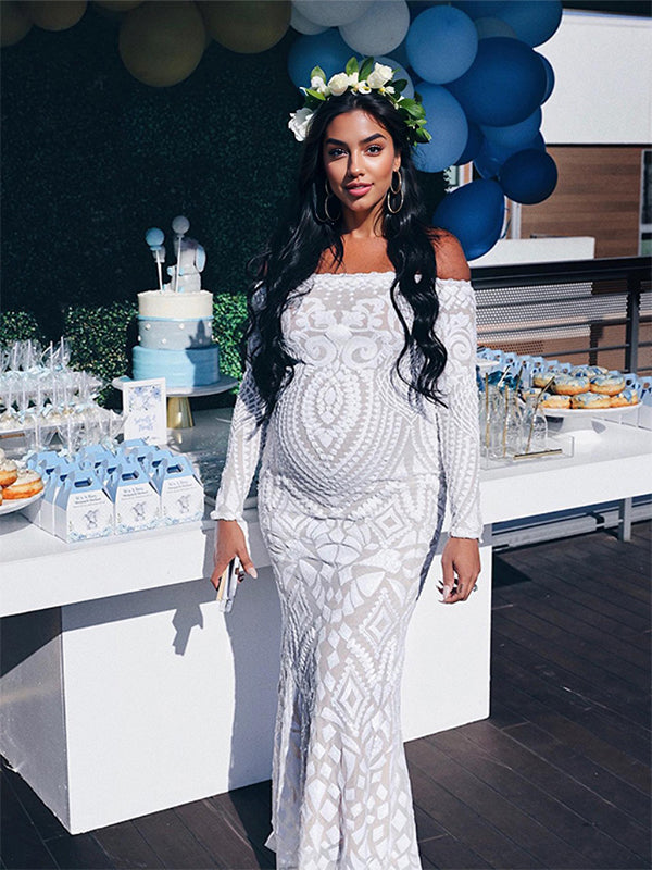 Stilla | Hvid Dækpude Pailletter Bare Skuldre Fishtail Elegante Tynd Bubble Ærme Fest Maxi Kjoler Fotografisk Gravidkjole