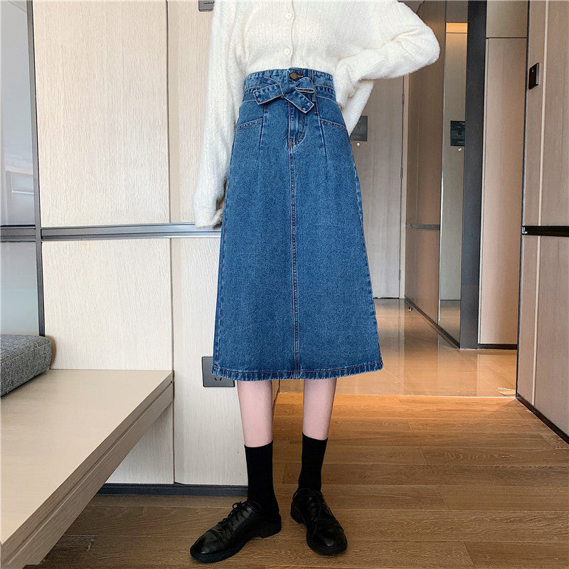 Kvindernes denim midi nederdel med aftagelig bælte Stilla