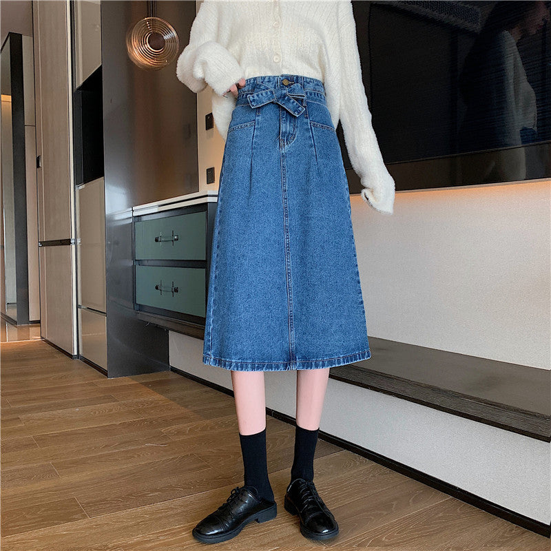 Kvindernes denim midi nederdel med aftagelig bælte Stilla