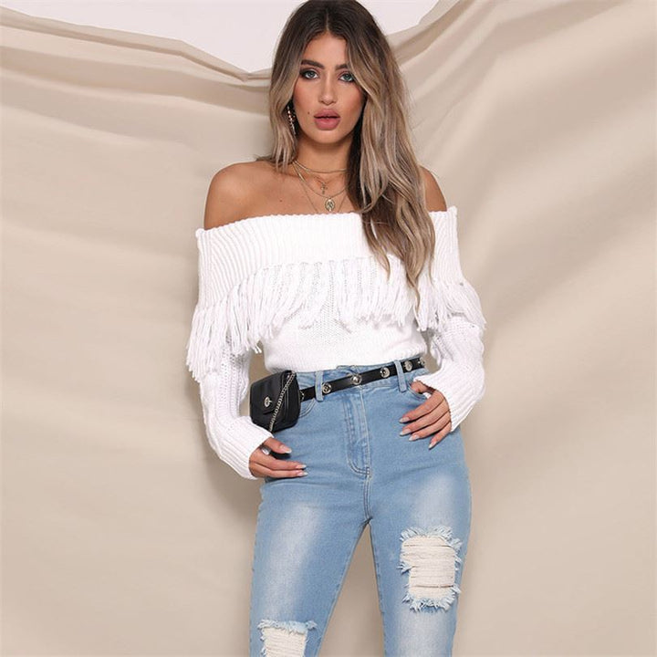 Dame Off-Shoulder Pullover med frynse-detalje Stilla