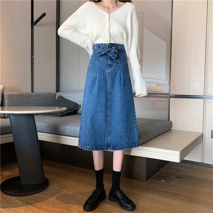 Kvindernes denim midi nederdel med aftagelig bælte Stilla