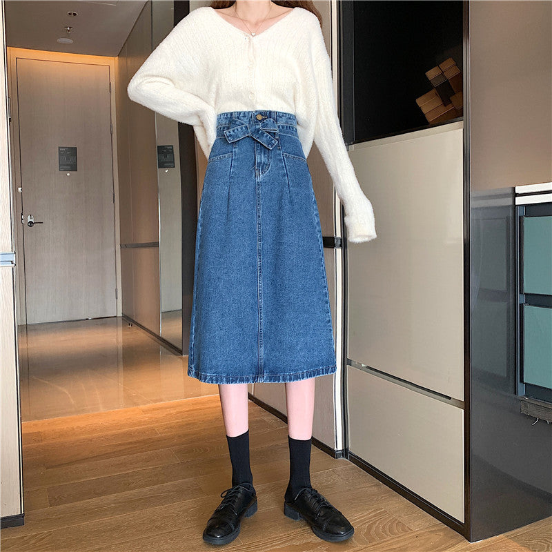 Kvindernes denim midi nederdel med aftagelig bælte Stilla