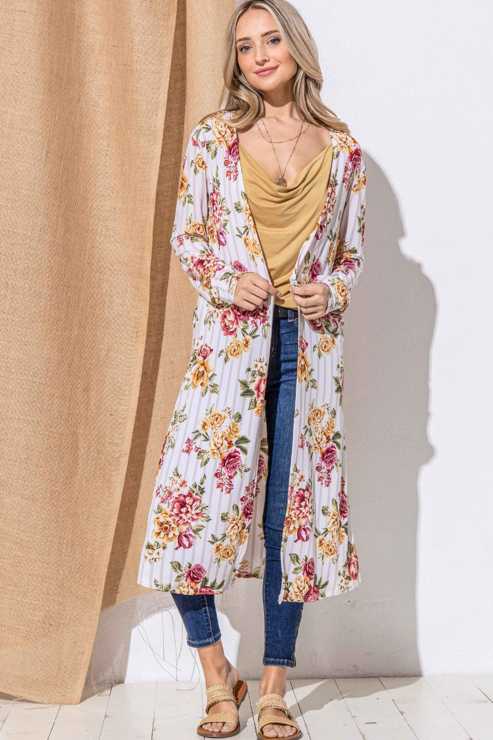 Stilla | og Det Hvorfor Floral Kimono Strikjakke Lang Åben Foran