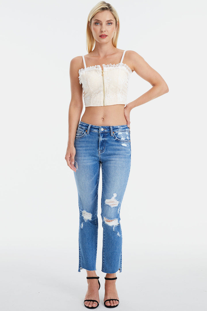 Stilla | Full Size Mid Waist Distressed Ripped Straight Jeans