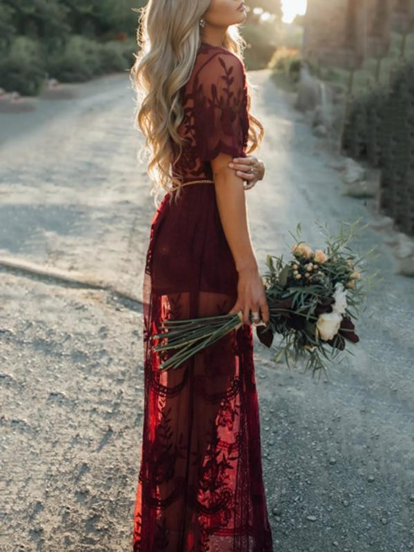Stilla | Geometrico Pizzo Spacco Laterale Dyb V-hals Elegante Cocktail Graviditetskjoler