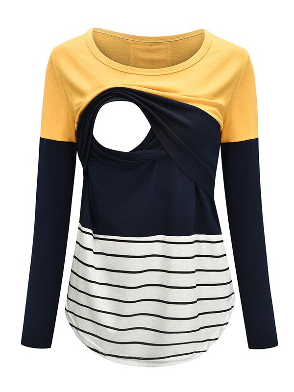 Stilla | Ammende T-shirt Rund Hals in Blonde Patchwork Med Leopardprint in Striber, Ammestil
