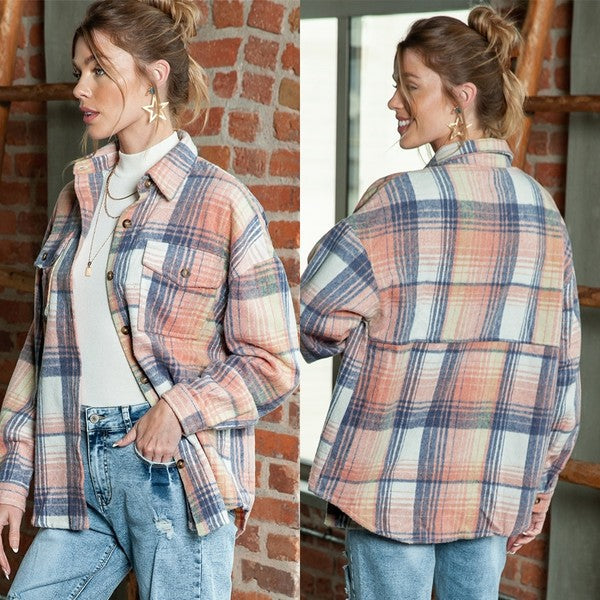 Stilla | Cream Plaid Checker Button Shacket Shirt