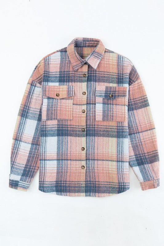 Stilla | Cream Plaid Checker Button Shacket Shirt