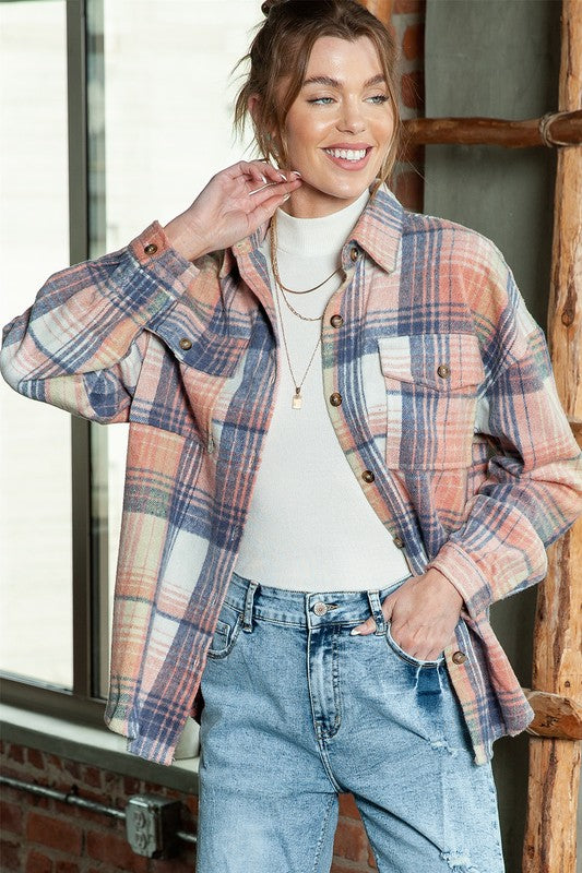 Stilla | Cream Plaid Checker Button Shacket Shirt