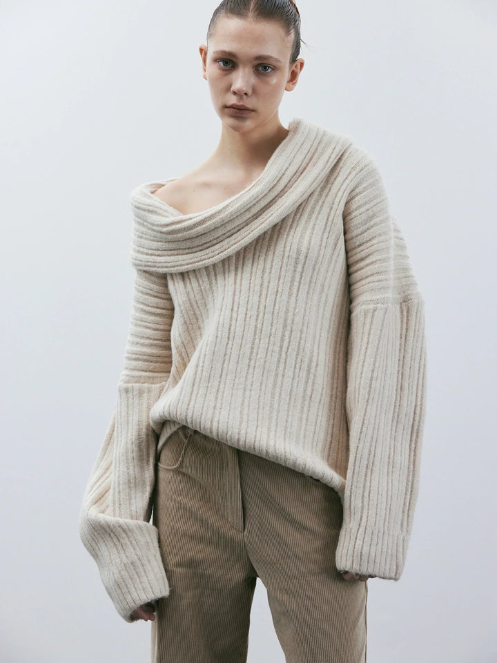 Stilla | Størrelse Plus Pasform Ribbebånd Strik Uld Off-Shoulder Design