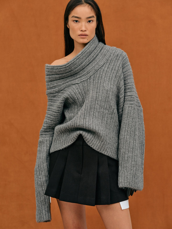 Stilla | Størrelse Plus Pasform Ribbebånd Strik Uld Off-Shoulder Design