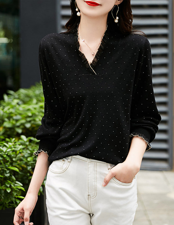 Dame elegant sweater med flæsedetaljer og glimmerdetaljer Stilla