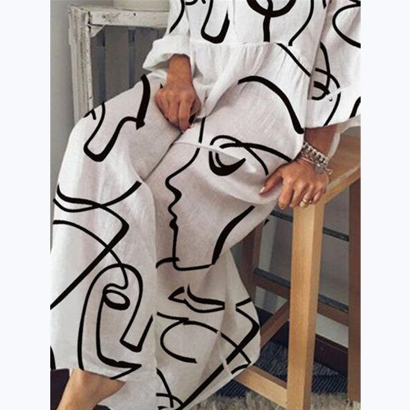 Dame Mondrian-inspireret maxikjole med dyb V-udskæring og lange ærmer Stilla