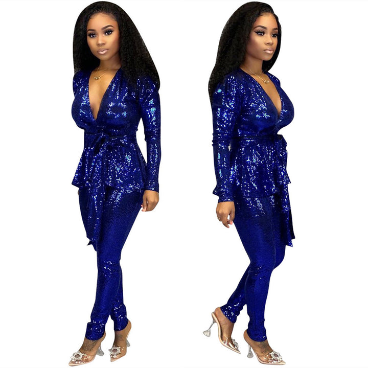 Dame Elegant Jumpsuit med glitrende detaljer og stilfuld taljebælte Stilla