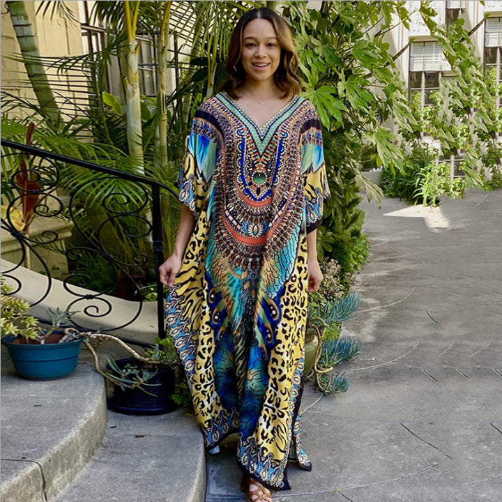 Dame Kaftan med kunstnerisk dyreprint og elegante detaljer Stilla