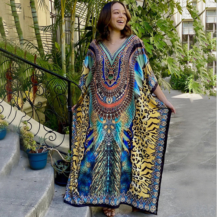 Dame Kaftan med kunstnerisk dyreprint og elegante detaljer Stilla