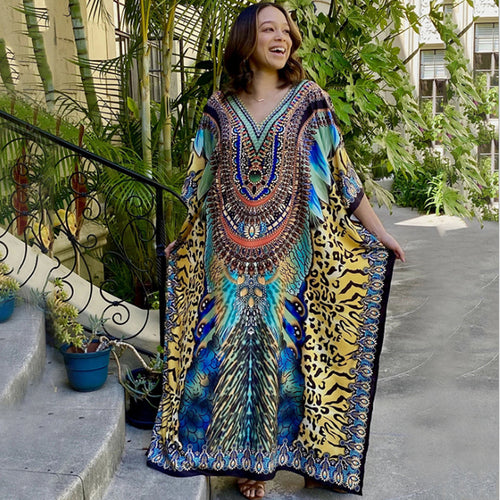 Dame Kaftan med kunstnerisk dyreprint og elegante detaljer Stilla
