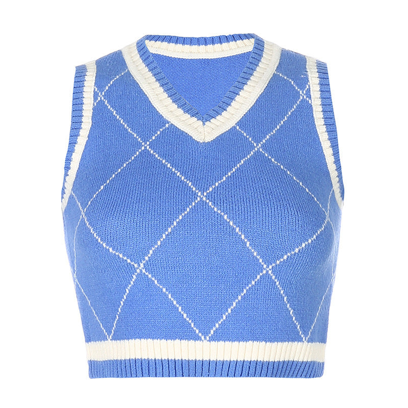 Dame strikket Crop-Top med rhombus-mønster og V-hals Skovae