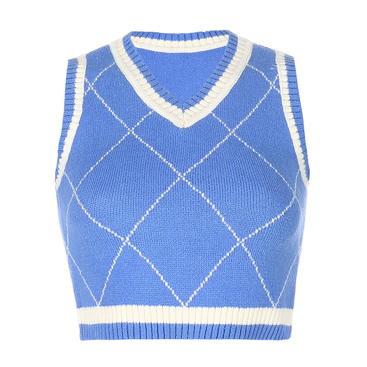 Dame strikket Crop-Top med rhombus-mønster og V-hals Skovae