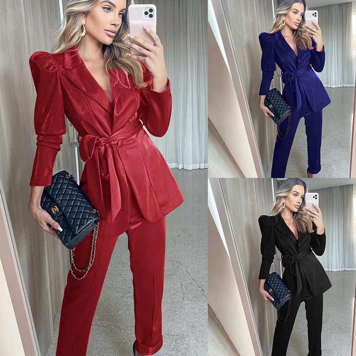 Dame Glamourøst Blazer-Sæt med tætsiddende bælte og puffærmer Stilla