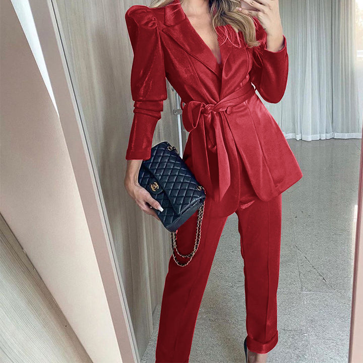 Dame Glamourøst Blazer-Sæt med tætsiddende bælte og puffærmer Stilla