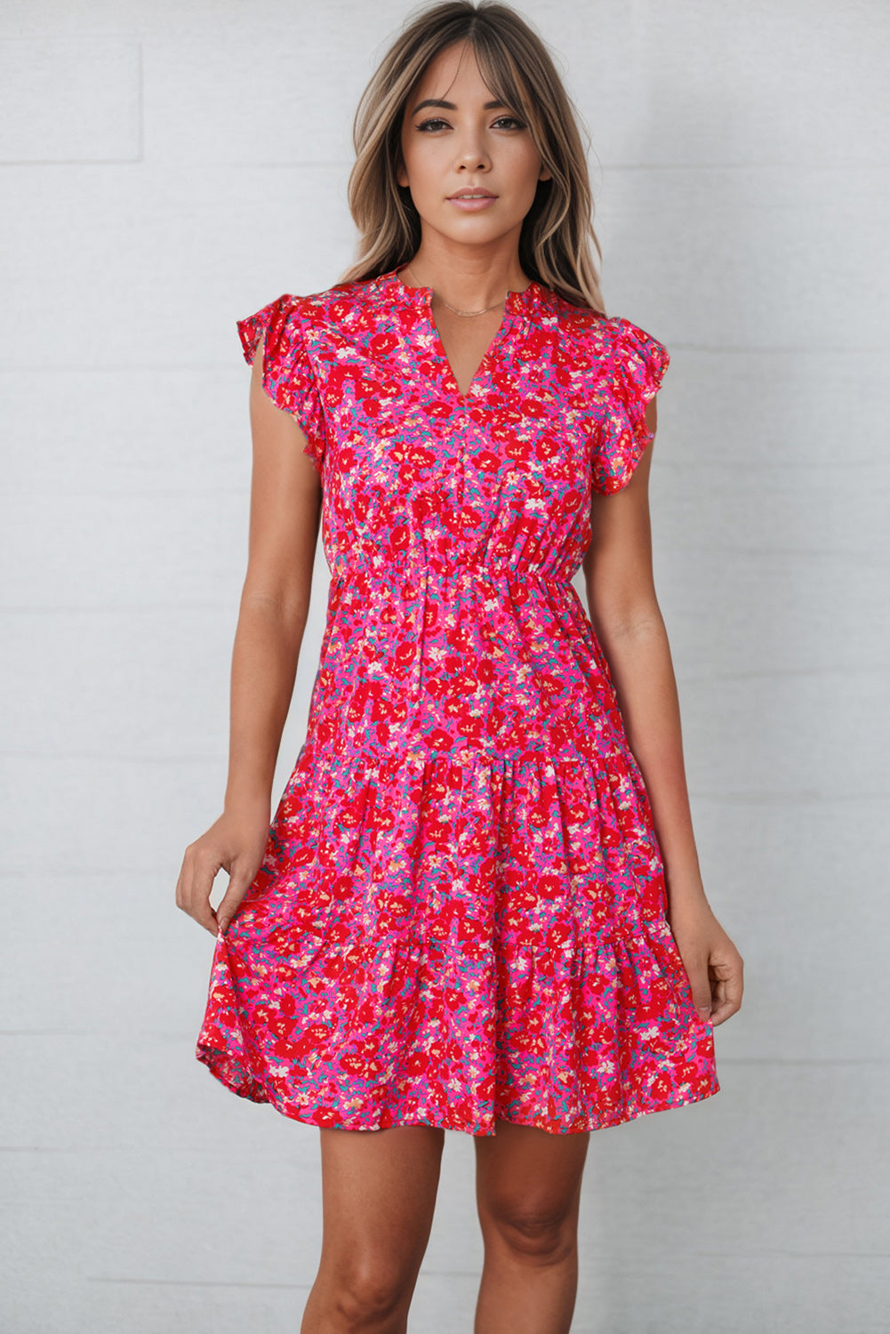 Stilla | Print Notched Neck Cap Sleeve Mini Kjole