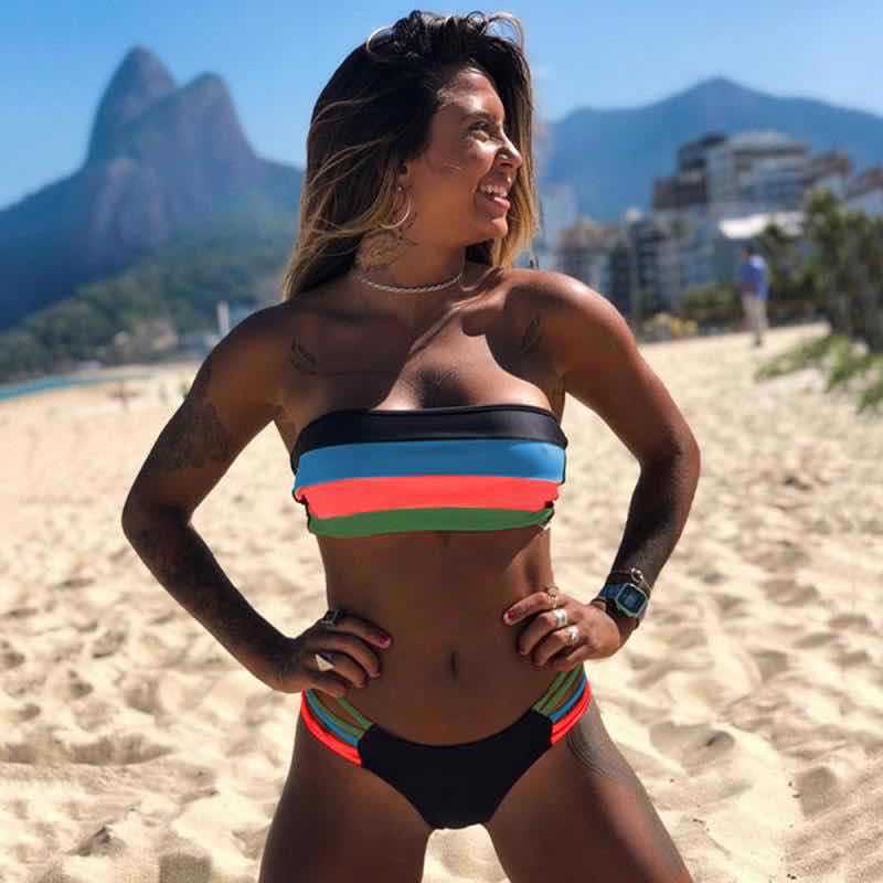 Dame Bandeau-bikini med trendy striber Skovae