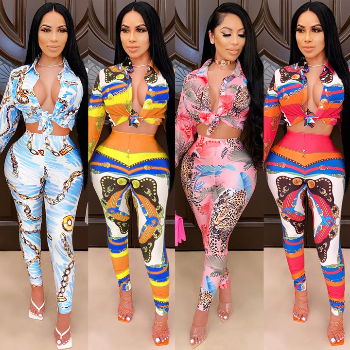 Dame To-delt Sæt med cropped Bluse og figursyet Leggings i trendy Grafikdesign Stilla